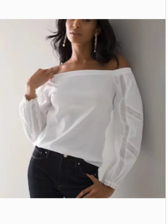White House Black Market Tops - White House Black Market White Lace Inset Poplin Off Shoulder Size Small